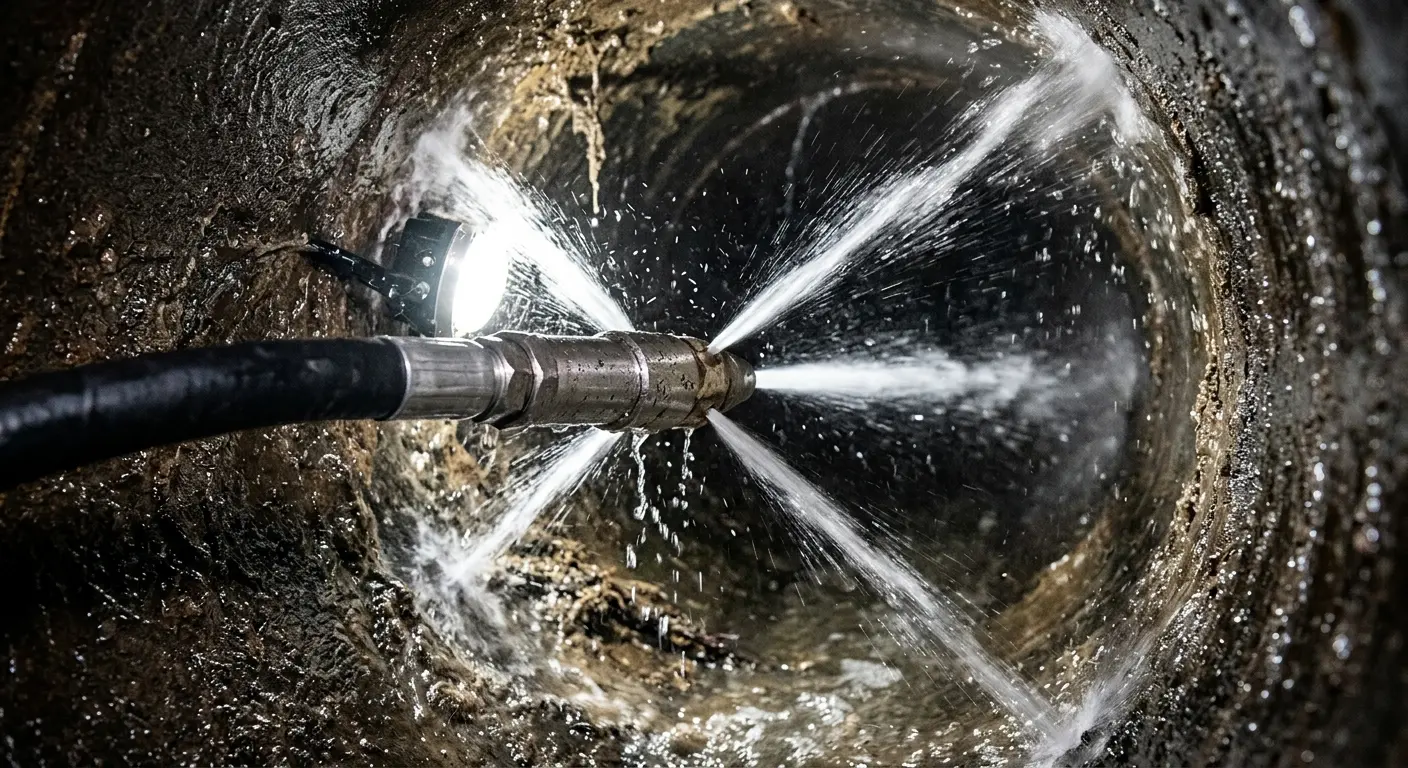 High-pressure hydro jetting nozzle cleaning sewer pipe for Emergency Drain Service in East Renton Highlands