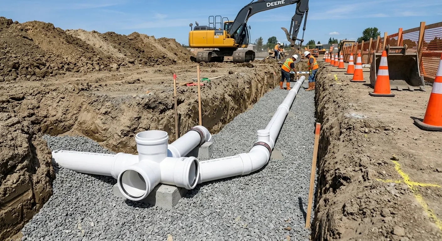 New PVC sewer pipe installation in open trench for Sewer Backup in East Renton Highlands