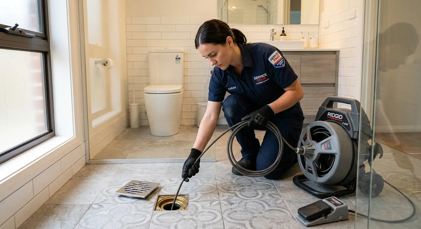 Technician clearing a bathroom floor drain for Drain Cleaning in East Renton Highlands